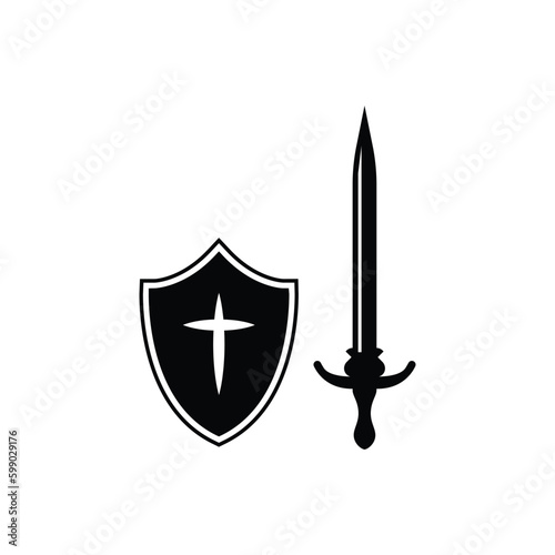 Shield and sword icon. Protection flat sign design. Guard vector icon. Armor symbol pictogram. UX UI icon