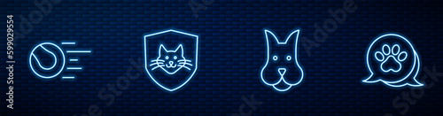 Set line Dog, Pet toys ball, Animal health insurance and Paw print. Glowing neon icon on brick wall. Vector