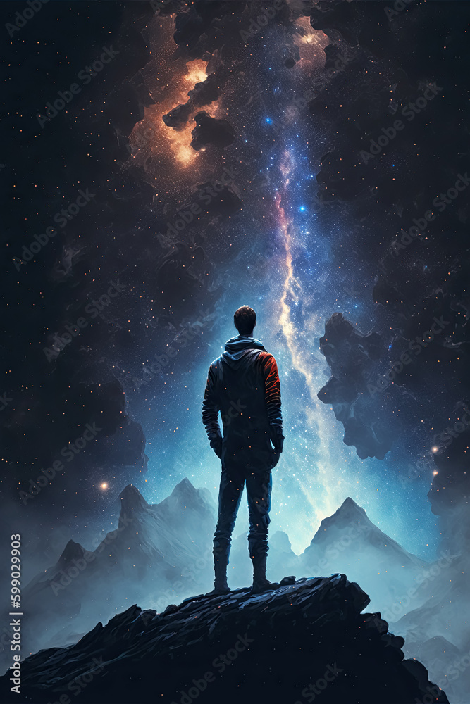 Young man standing and looking up to the starry night sky and the universe above. Generative AI Young man standing and looking up to the starry night sky and the universe above. Generative AI