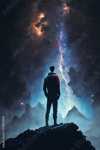 Young man standing and looking up to the starry night sky and the universe above. Generative AI