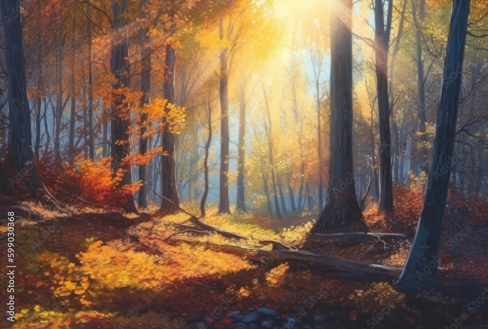 autumn forest scene with sunlight in the forest Generative Ai