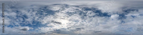overcast blue sky with cumulus clouds as seamless hdri 360 panorama with zenith in spherical equirectangular projection may use for sky dome replacement in 3d graphics and edit drone shot