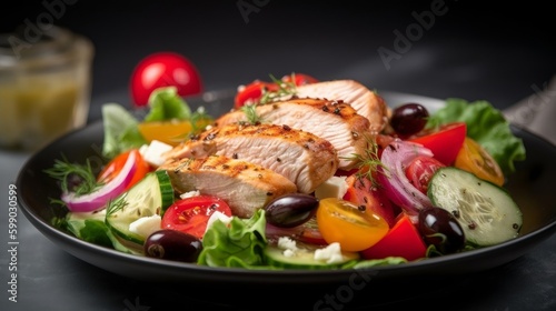 Greek salad with fresh and crisp vegetables, topped with grilled chicken and a sprinkle of oregano