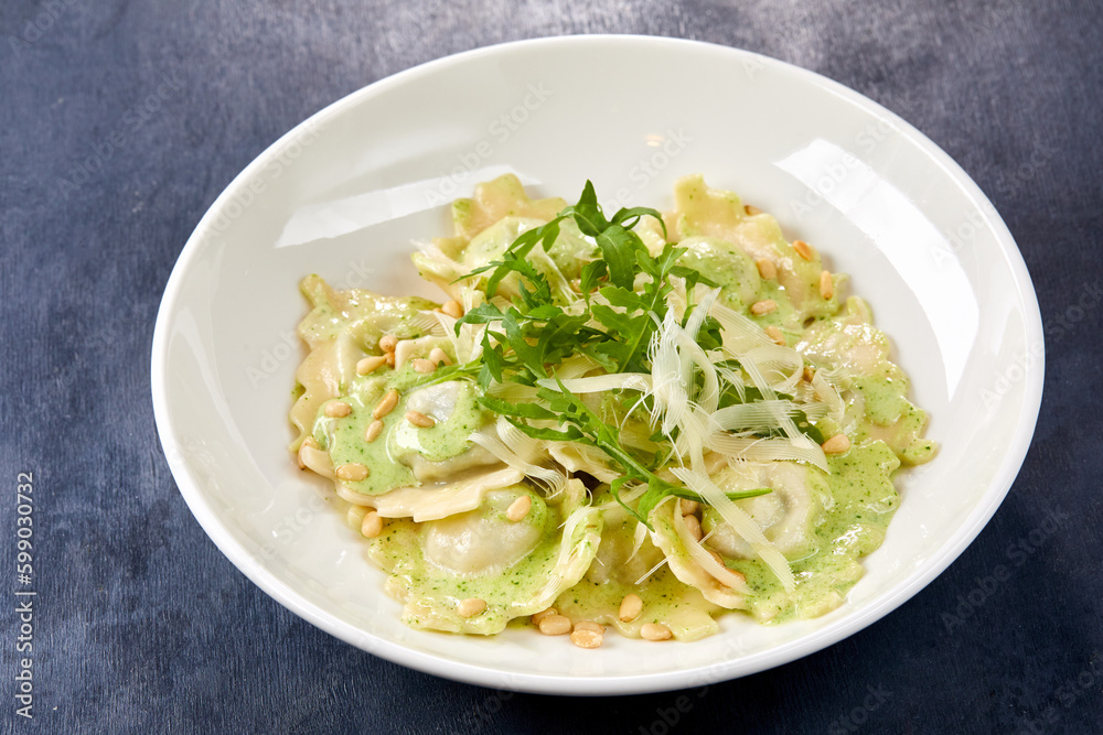 ravioli with pesto and sauce