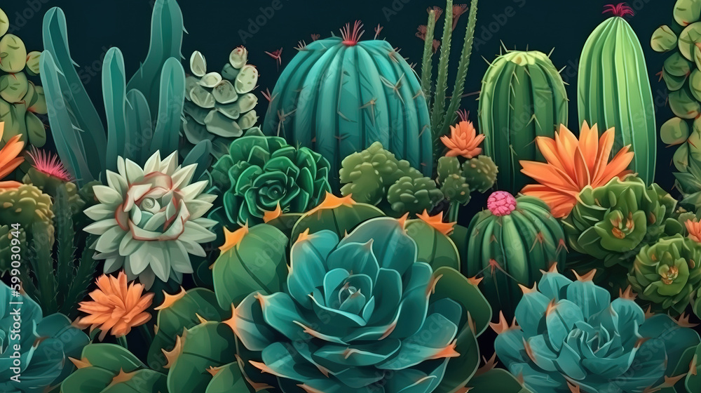Succulent plant pattern background. Decorative cactus and home flowers. Generative Ai Succulent plant pattern background. Decorative cactus and home flowers. Generative Ai