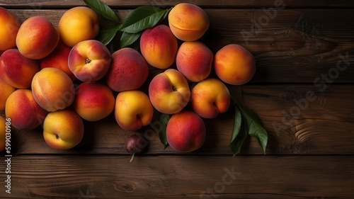 Ripe peaches on a wooden table. Fresh fruits on a wooden background. Generative Ai