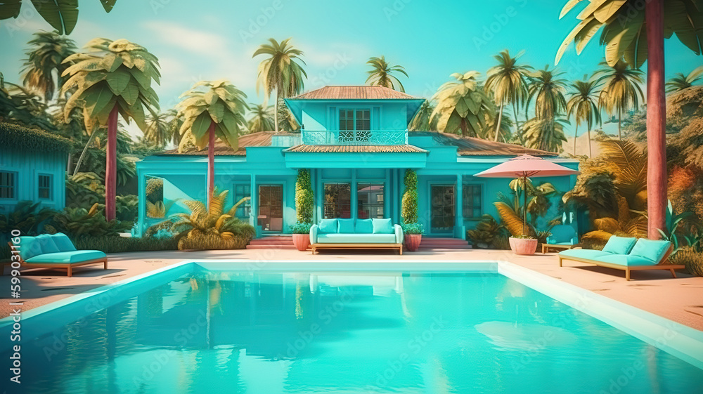 Luxury tropical resort or private villa with turquoise pool, sunbeds, umbrellas. Generative Ai