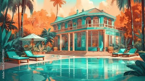 Luxury tropical resort or private villa with turquoise pool, sunbeds, umbrellas. Generative Ai