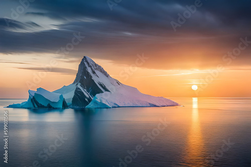 A majestic iceberg floating in an icy sea, with the sun setting behind it, casting the sky in a warm orange hue © Beste stock