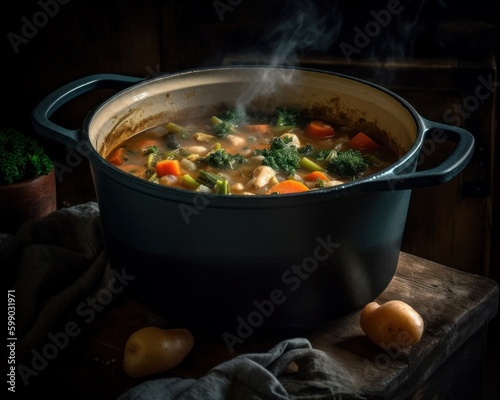 chunky vegetable soup in a rustic pot on a stove