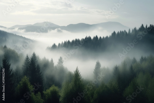 A forest is shrouded in layer of morning fog and mist. The overlapping ridge lines recede into the horizon as the morning fog loses its grip to the ensuing day. Generative AI © JITB