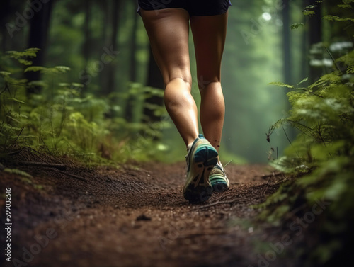 Closeup of running shoe of the person running in the nature with beautiful sunlight. Female legs. Generative AI