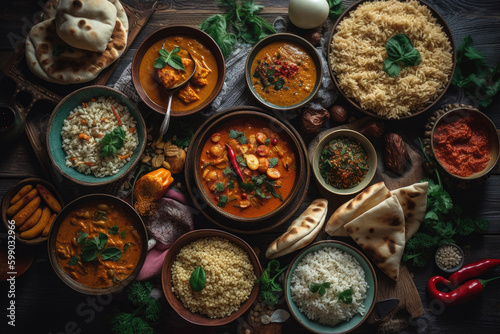 Assorted various Indian food on a dark rustic background. Generative AI.