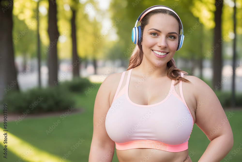 Beautiful and cheerful plus size caucasian young woman outdoors - Pretty overweight curvy female in headphones listening music and exercising in the park. Generative Ai Beautiful and cheerful plus size caucasian young woman outdoors - Pretty overweight curvy female in headphones listening music and exercising in the park. Generative Ai