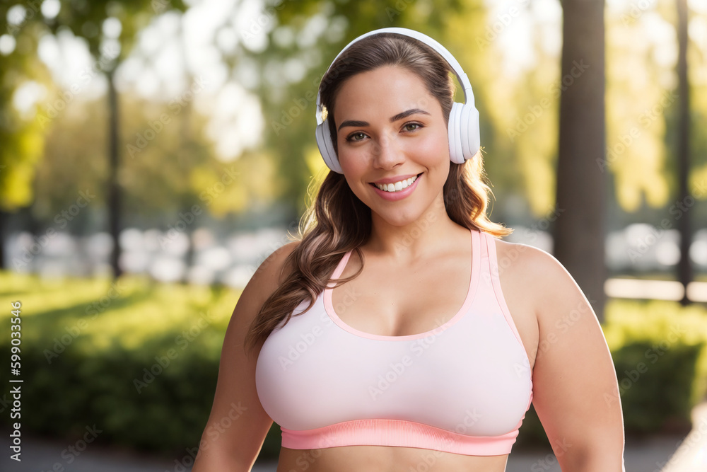 Beautiful and cheerful plus size caucasian young woman outdoors - Pretty overweight curvy female in headphones listening music and exercising in the park. Generative Ai Beautiful and cheerful plus size caucasian young woman outdoors - Pretty overweight curvy female in headphones listening music and exercising in the park. Generative Ai