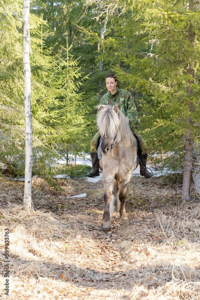 Icelandic horse and camouflaged woman in Finnish spring enviroment Icelandic horse and camouflaged woman in Finnish spring enviroment
