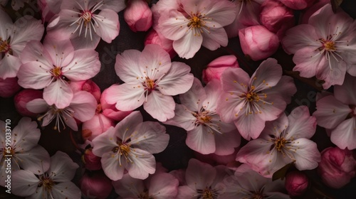 Top down view cherry blossom floral banner background texture wallpaper © bazusa