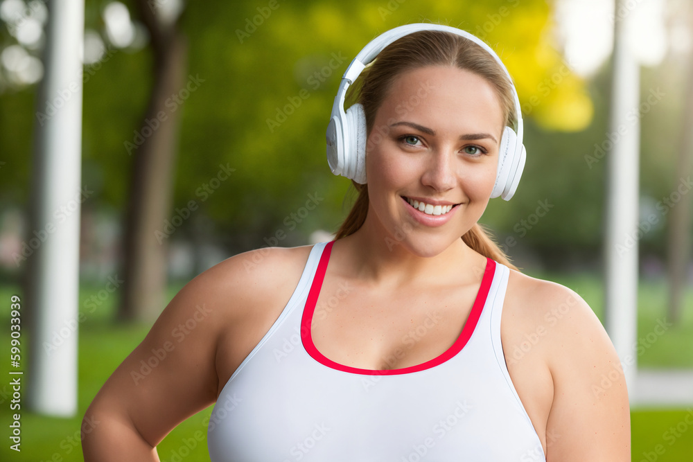 Beautiful and cheerful plus size caucasian young woman outdoors - Pretty overweight curvy female in headphones listening music and exercising in the park. Generative Ai
Beautiful and cheerful plus size caucasian young woman outdoors - Pretty overweight curvy female in headphones listening music and exercising in the park. Generative Ai