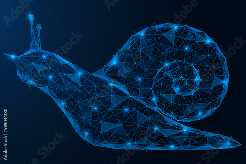 Crawling snail. Polygonal design of interconnected lines and points. Blue background.