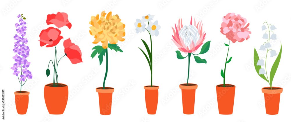Obraz premium Colorful flat flowers in long pot. Perfect for illustrations and nature education.