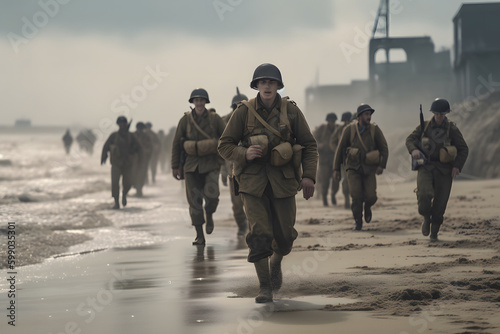 U.S. troops wading to Utah Beach during the D-Day. Neural network AI generated art photo
