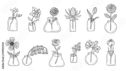 Realistic flower vase line art set. Perfect for illustrations.
