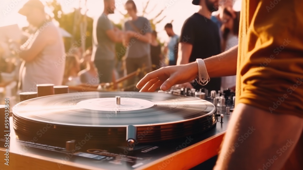 Obraz premium Dj playing music on a turntable in front of a crowd at festival, closeup photo. Generative AI