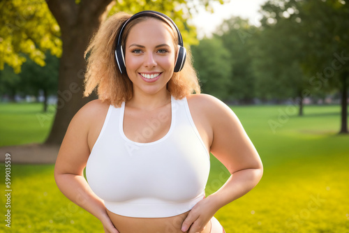 Beautiful and cheerful plus size caucasian young woman outdoors - Pretty overweight curvy female in headphones listening music and exercising in the park. Generative Ai 