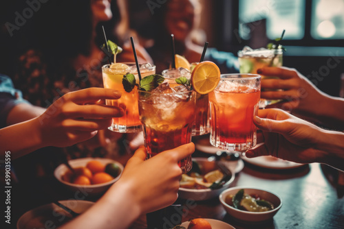 Obraz na płótnie Close up of friends group cheering mojito drinks at bar restaurant