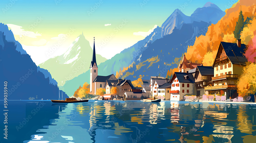 Illustration of beautiful view of Hallstatt, Austria