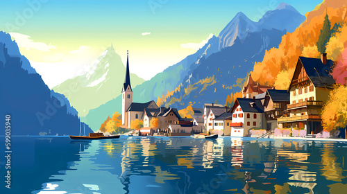 Obraz na płótnie Illustration of beautiful view of Hallstatt, Austria w salonie
