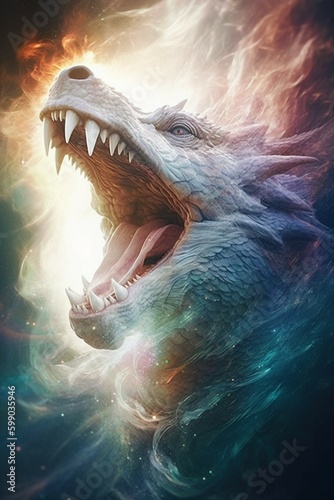 abstract image of a white dragon with his mouth open