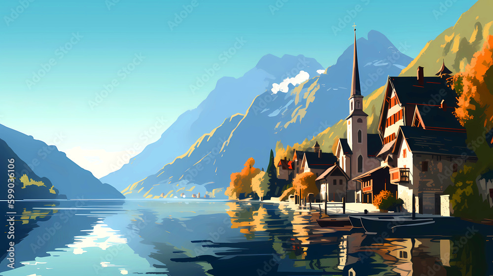 Illustration of beautiful view of Hallstatt, Austria