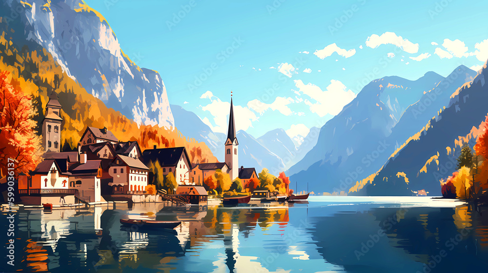 Illustration of beautiful view of Hallstatt, Austria