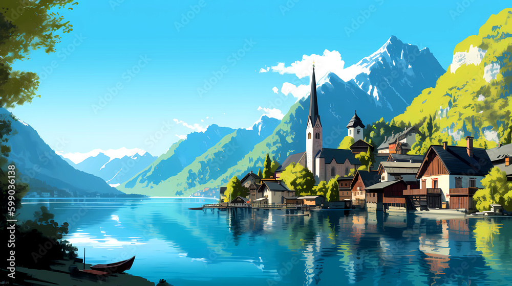 Illustration of beautiful view of Hallstatt, Austria