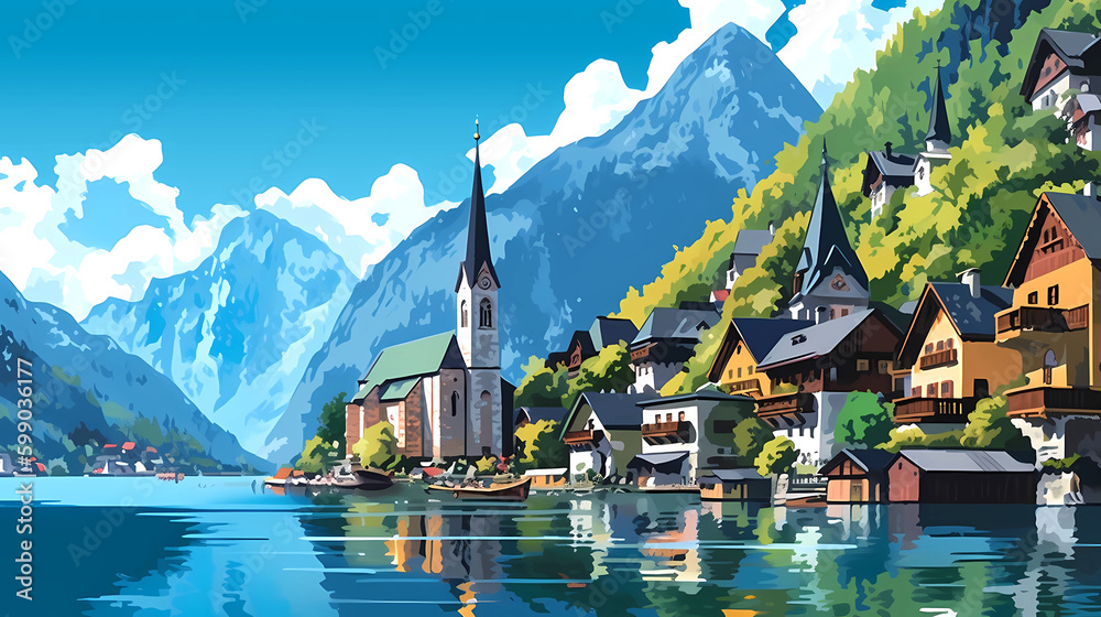 Illustration of beautiful view of Hallstatt, Austria