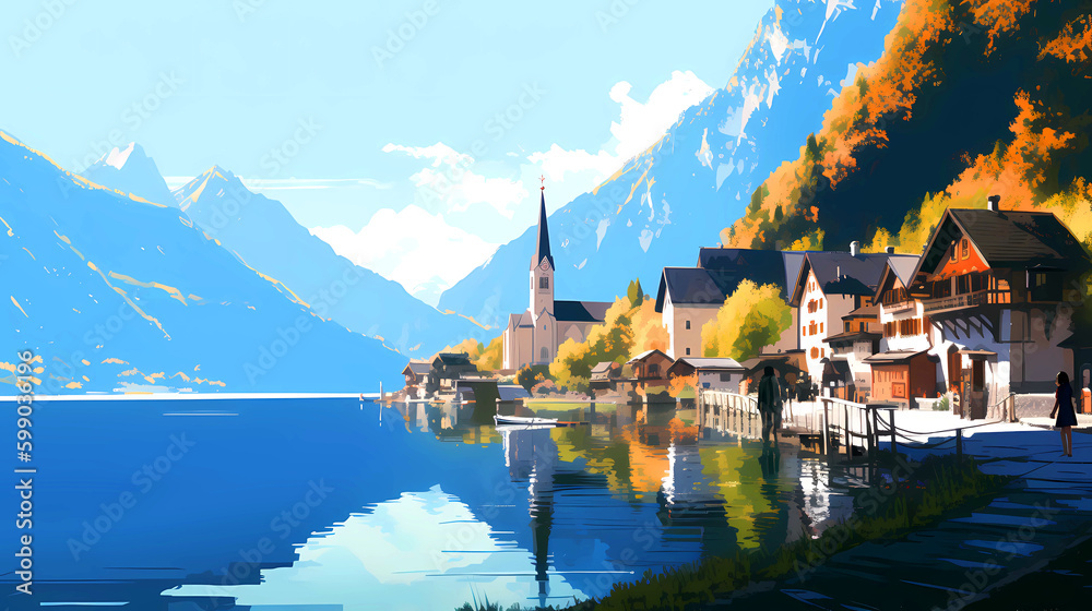 Illustration of beautiful view of Hallstatt, Austria