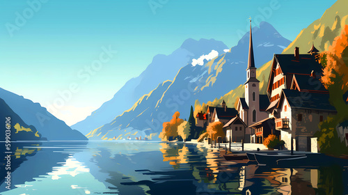 Obraz na płótnie Illustration of beautiful view of Hallstatt, Austria w salonie