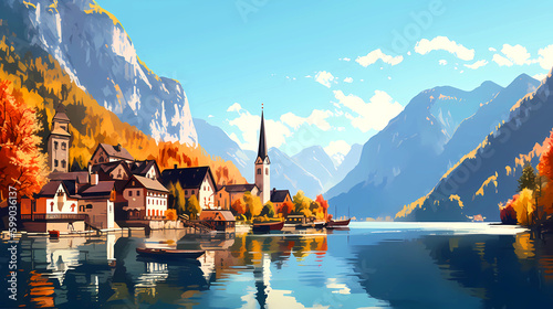 Obraz na płótnie Illustration of beautiful view of Hallstatt, Austria w salonie
