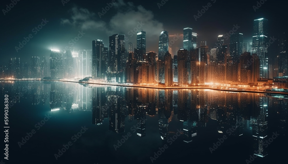 Illuminated skyline reflects in water, bustling city nightlife generated by AI