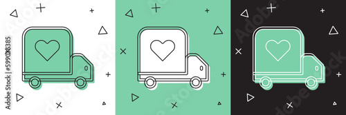 Set Delivery truck with heart icon isolated on white and green, black background. Love delivery truck. Love truck valentines day. Vector