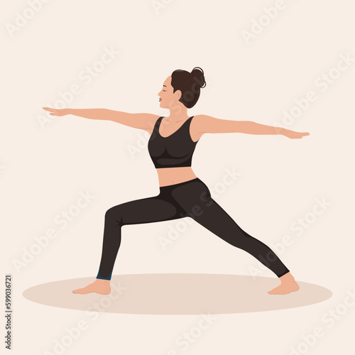  Young woman perfoming yoga exercise Warrior Pose, and demonstrating yoga asana Virabhadrasana  on light background. Flat vector illustration