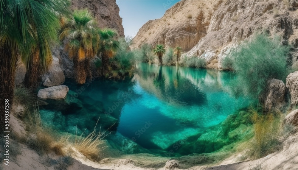 Tranquil scene of majestic mountain reflection in water generated by AI Tranquil scene of majestic mountain reflection in water generated by AI