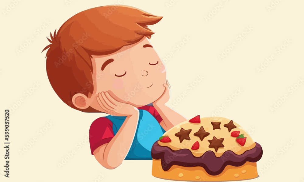 The boy is sitting near the cake. Cartoon drawing of a boy with a pie. Vector flat illustration