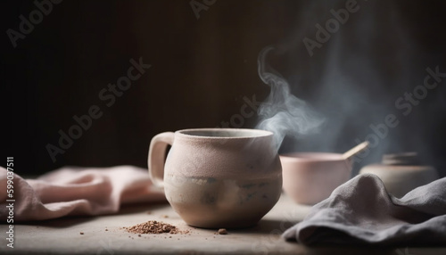 Hot drink steams on rustic wooden table generated by AI