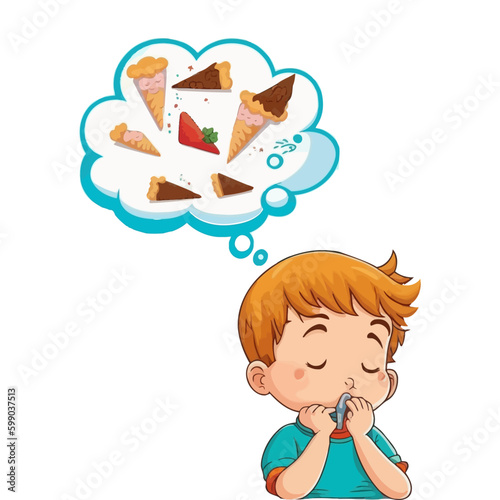 The boy dreams of sweets. Vector flat illustration