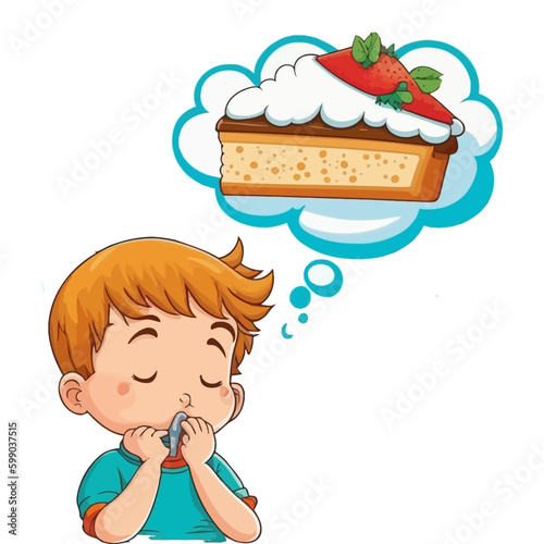 A little boy dreams of a piece of cake. Vector flat illustration