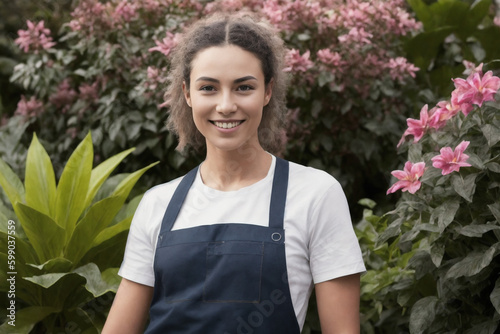 Portrait of the smiling happy young woman horticulturist gardener working in a garden center at early morning. Concept of ecological environment. Generative AI