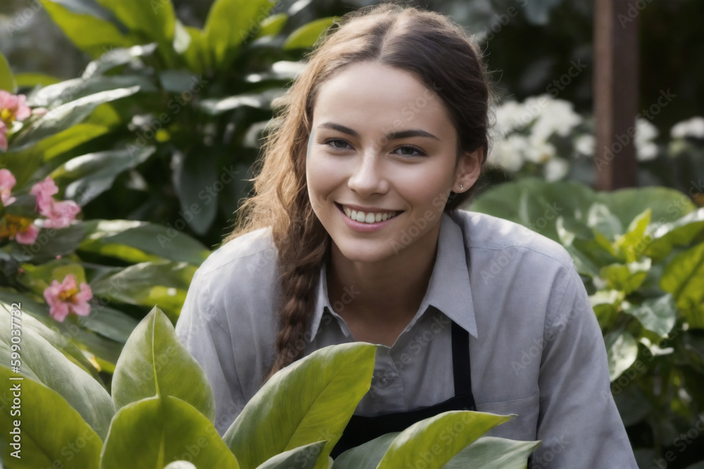 Portrait of the smiling happy young woman horticulturist gardener working in a garden center at early morning. Concept of ecological environment. Generative AI Portrait of the smiling happy young woman horticulturist gardener working in a garden center at early morning. Concept of ecological environment. Generative AI