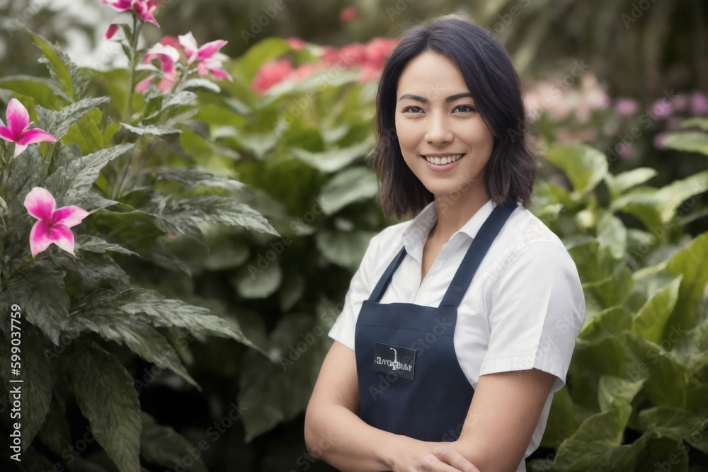 Portrait of the smiling happy young woman horticulturist gardener working in a garden center at early morning. Concept of ecological environment. Generative AI Portrait of the smiling happy young woman horticulturist gardener working in a garden center at early morning. Concept of ecological environment. Generative AI